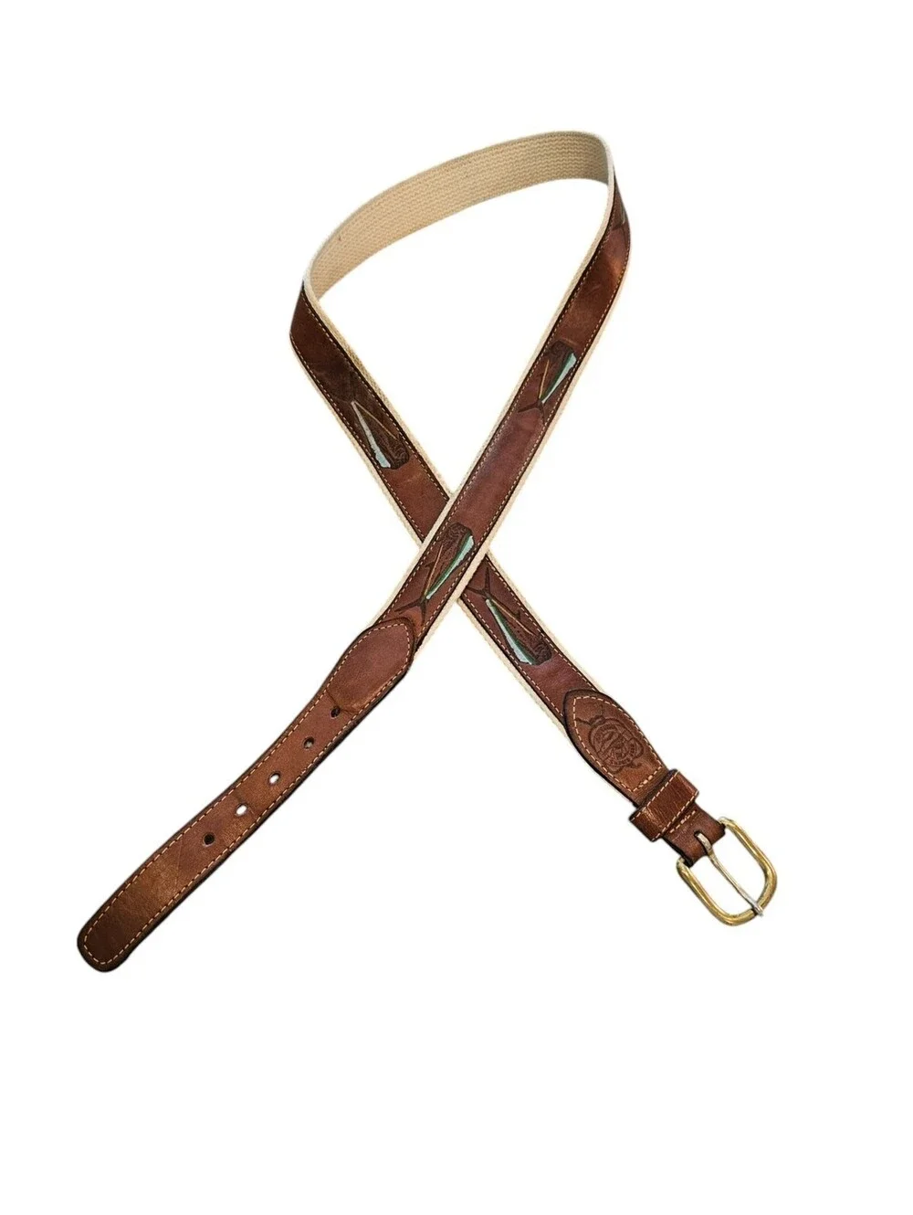 Vintage Mens Sz 44 Leather and Canvas Belt Fish Whale Embossed